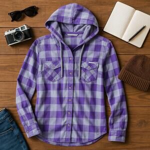 Clemson Tigers Columbia Hooded Doublecloth Shirt Purple Gray Plaid Womens XS